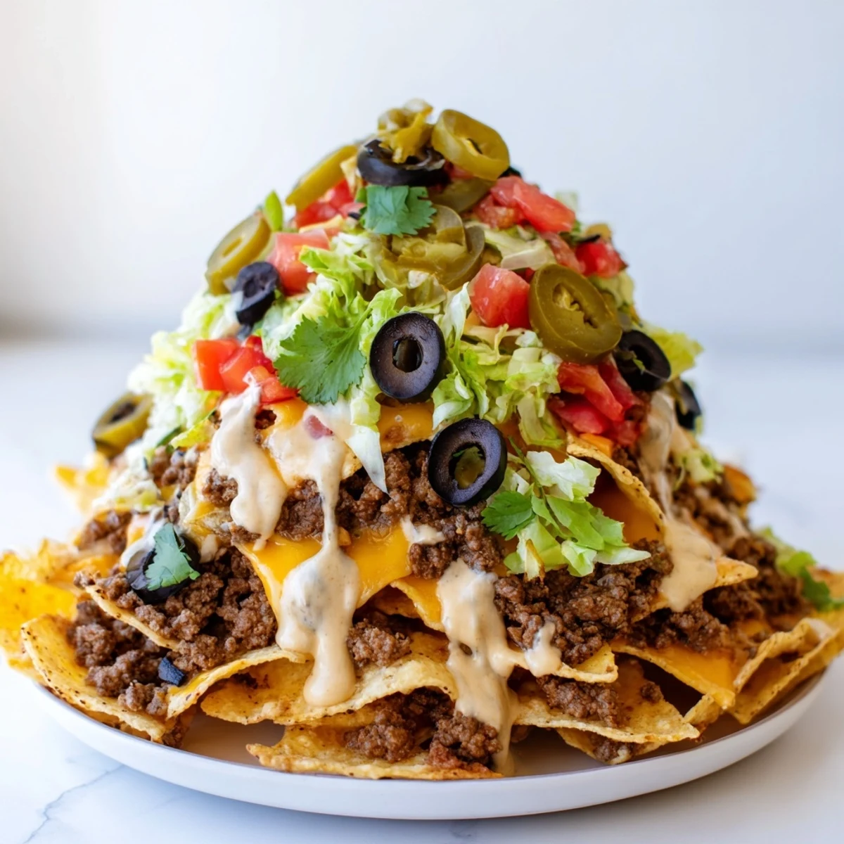 Crisp tortilla chips piled high, loaded with seasoned ground beef, colorful veggies, and a generous drizzle of warm homemade queso for a tailgate party.