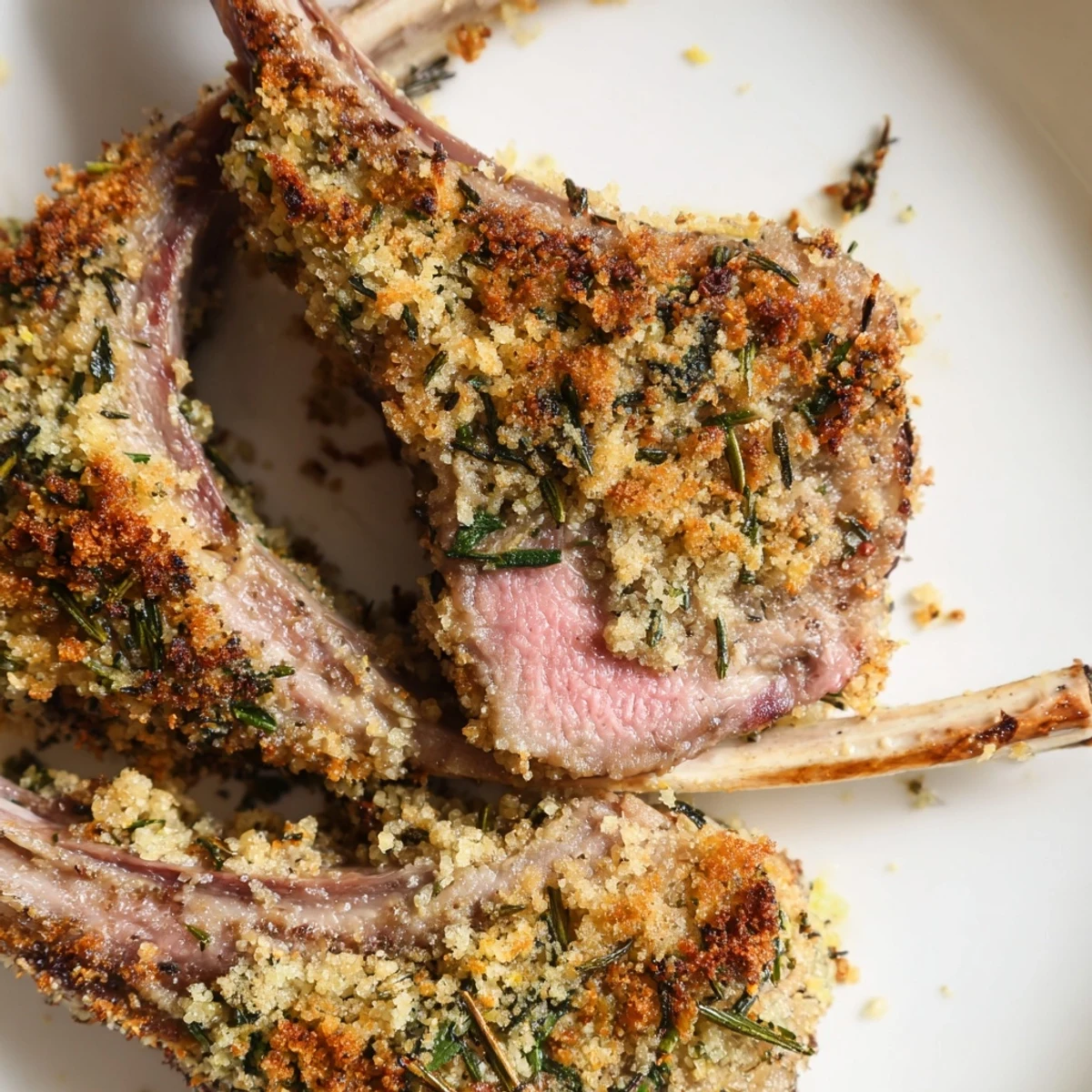 Perfectly seared Romantic Rack of Lamb with Herb Crust, served with roasted potatoes and a glass of red wine.