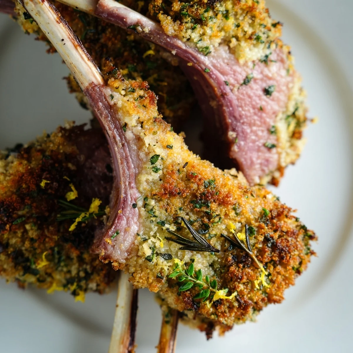 Golden-brown, herb-crusted rack of lamb rests on a platter, garnished with fresh rosemary and thyme for a romantic dinner.