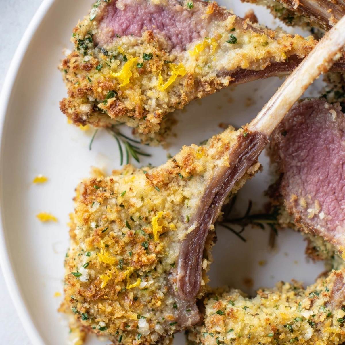 Juicy, oven-roasted Romantic Rack of Lamb with a fragrant herb crust, sliced to show a pink, tender interior.