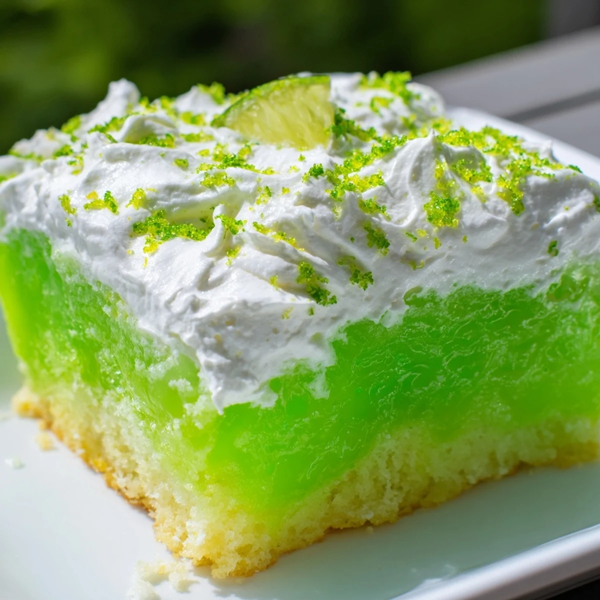Close-up of St. Patrick's Day Lime Poke Cake with a fork bite, highlighting the vibrant green lime gelatin soaking into the cake.