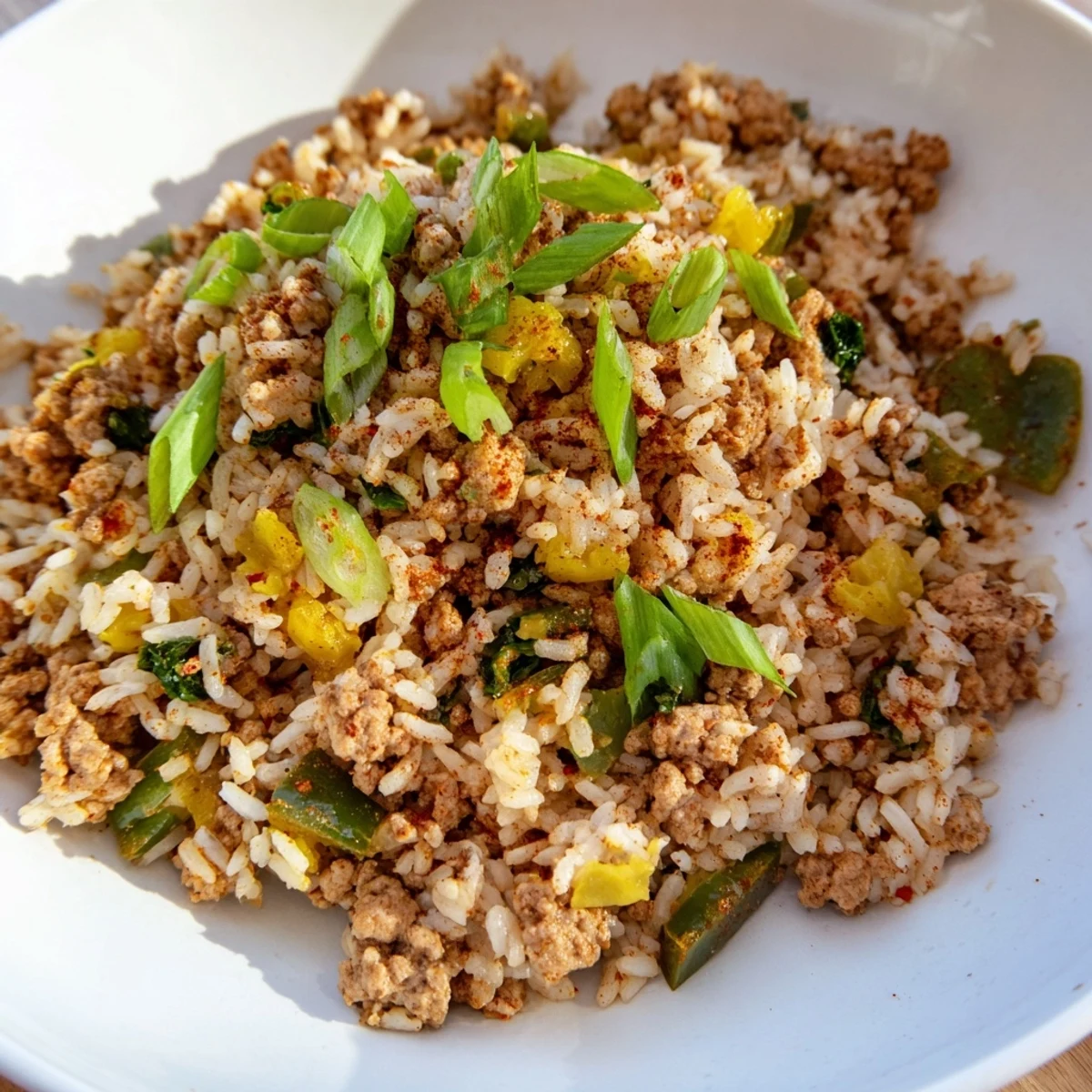A vibrant bowl of Cajun Dirty Rice with Ground Turkey, featuring seasoned rice, sautéed vegetables, and green onion garnish.