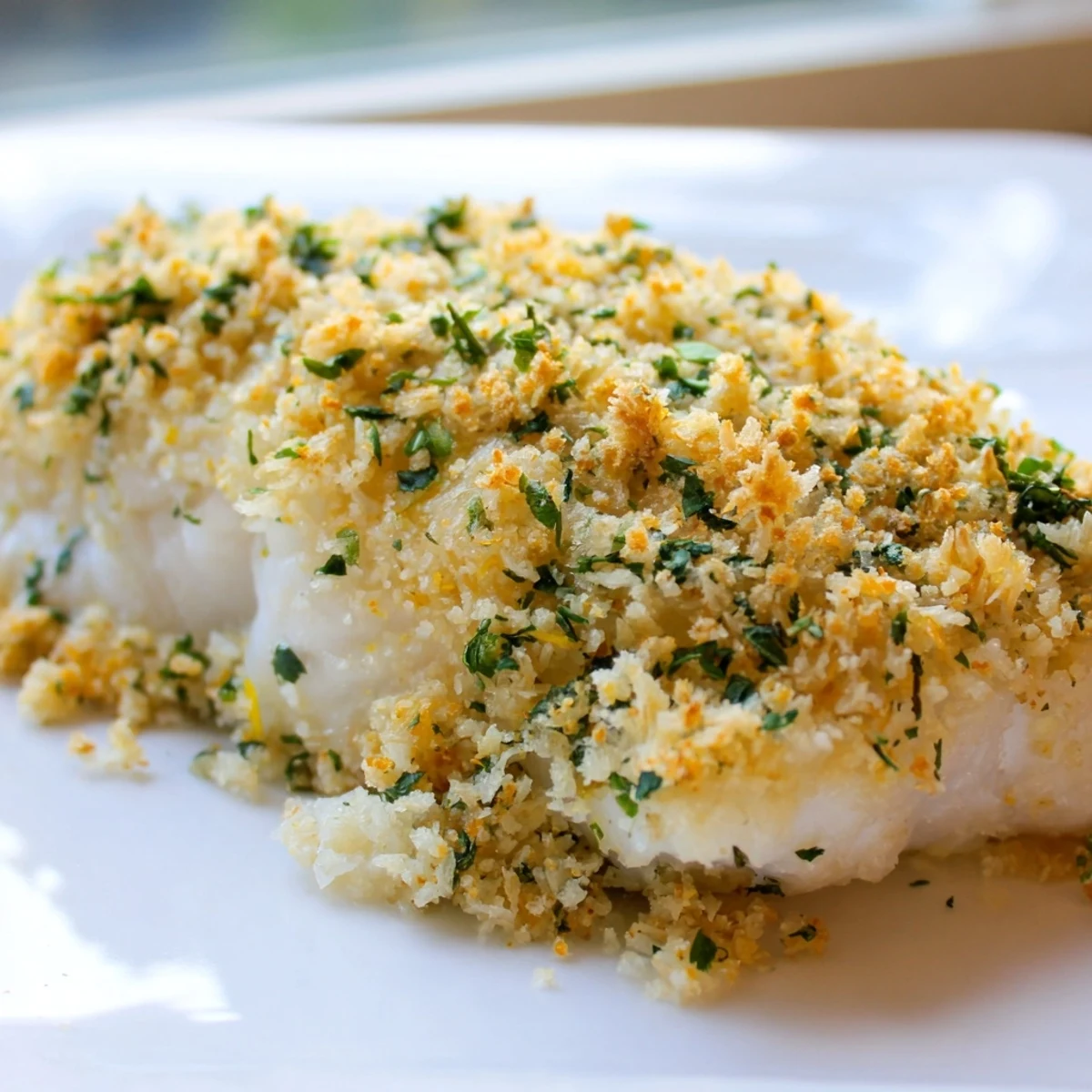 Golden-baked haddock fillets topped with a zesty lemon and herb breadcrumb crust, ready to serve with fresh lemon wedges.