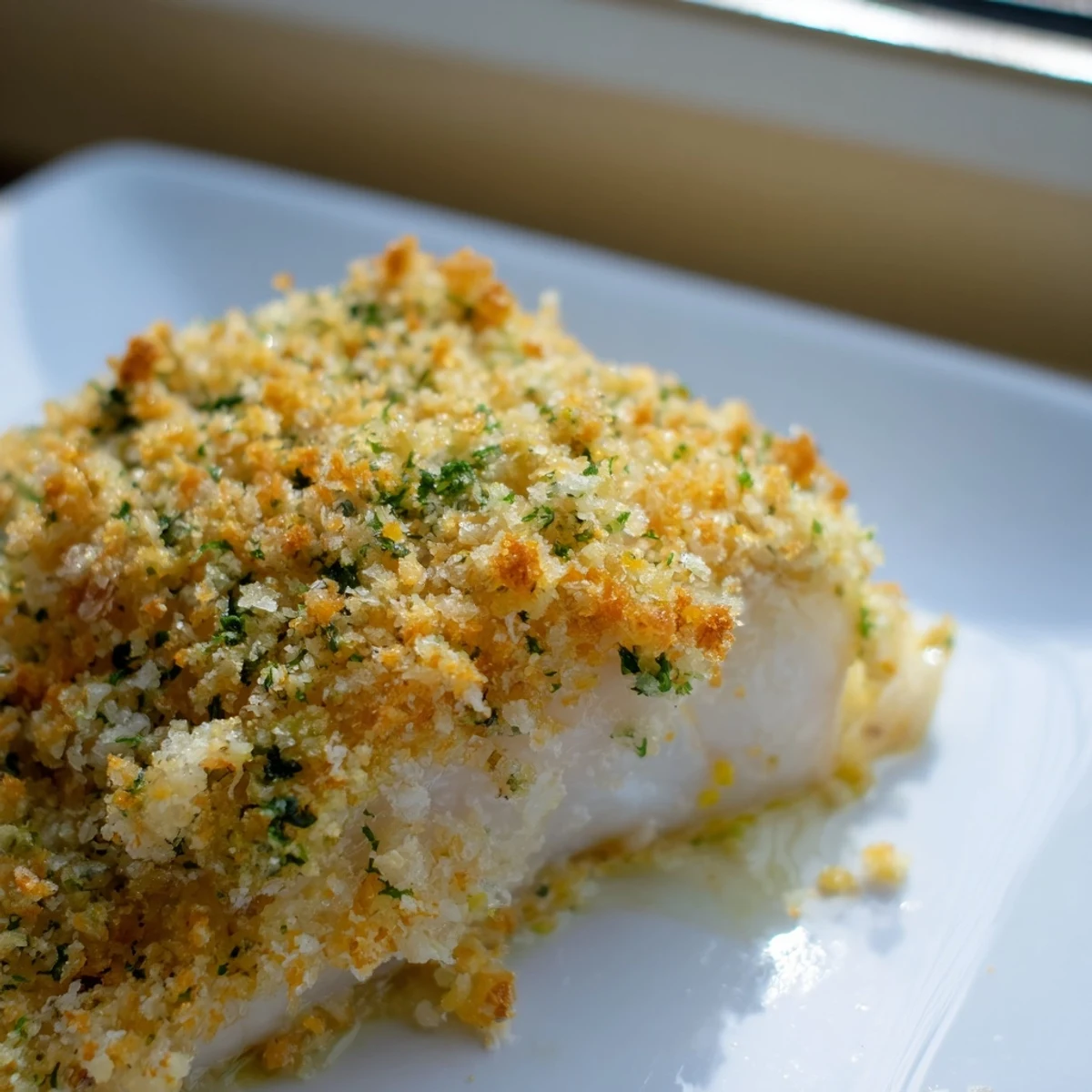 Flaky haddock fillets baked with a savory lemon-herb crumb, served alongside steamed greens and roasted potatoes.