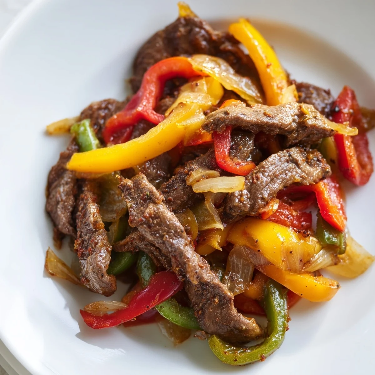 Sizzling beef fajitas with peppers and onions sizzle on a skillet, ready to be wrapped in warm flour tortillas.