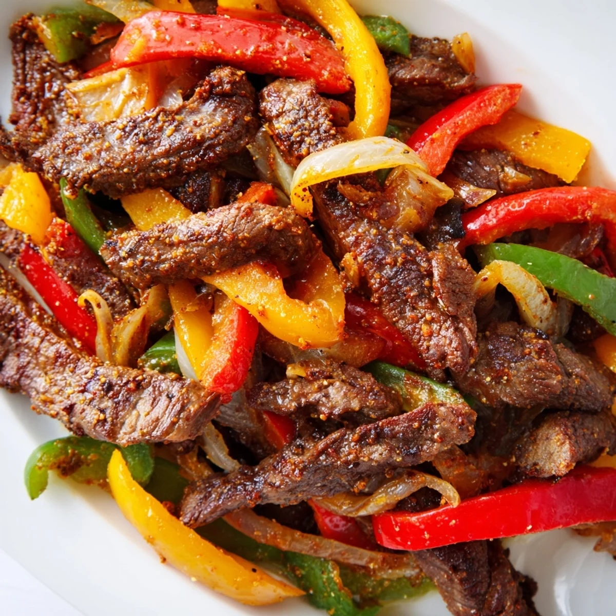 Colorful bell peppers and marinated steak strips fill a sizzling skillet, served with warm tortillas for a festive meal.
