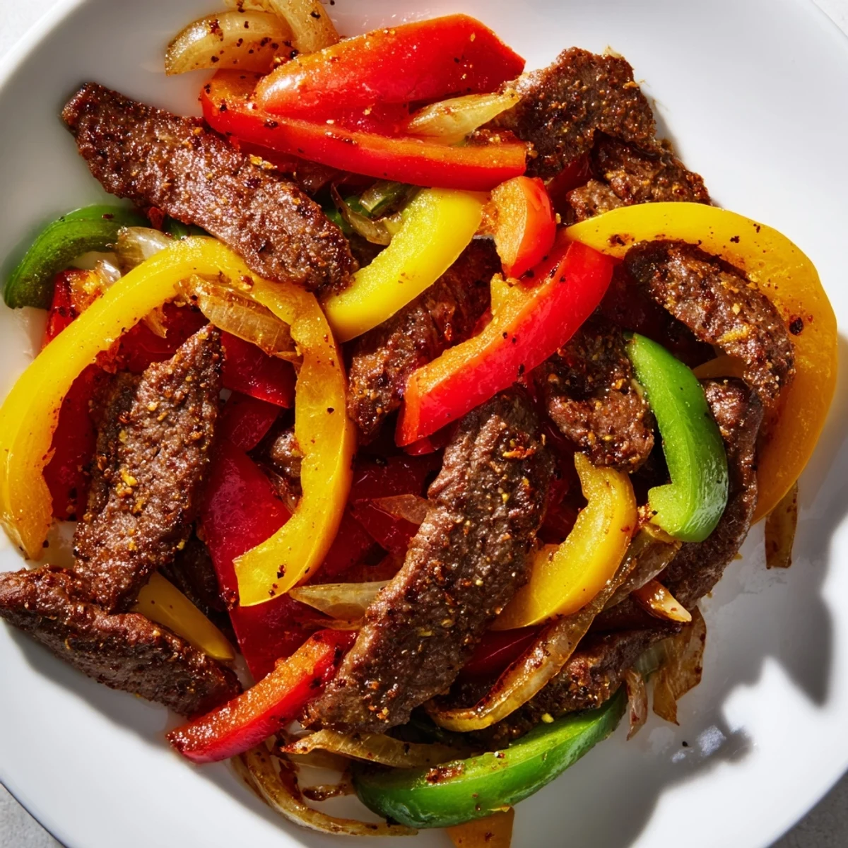 Homemade beef fajitas with peppers and onions rest on a platter, garnished with lime wedges for a fresh squeeze.