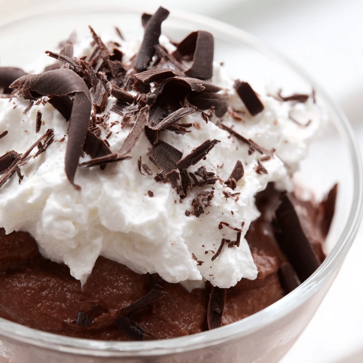 Homemade chocolate mousse in a clear glass cup, layered with a fluffy whipped cream topping and chocolate shavings, ready to be enjoyed as an elegant dessert.