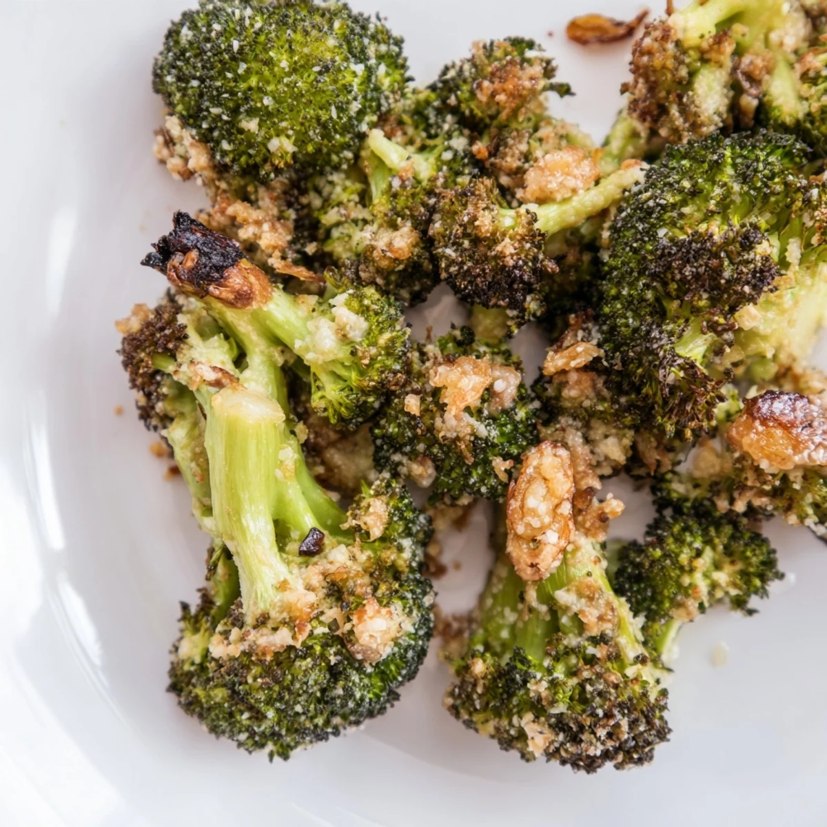 Tender roasted broccoli with garlic and Parmesan served alongside grilled chicken for an easy weeknight meal.  