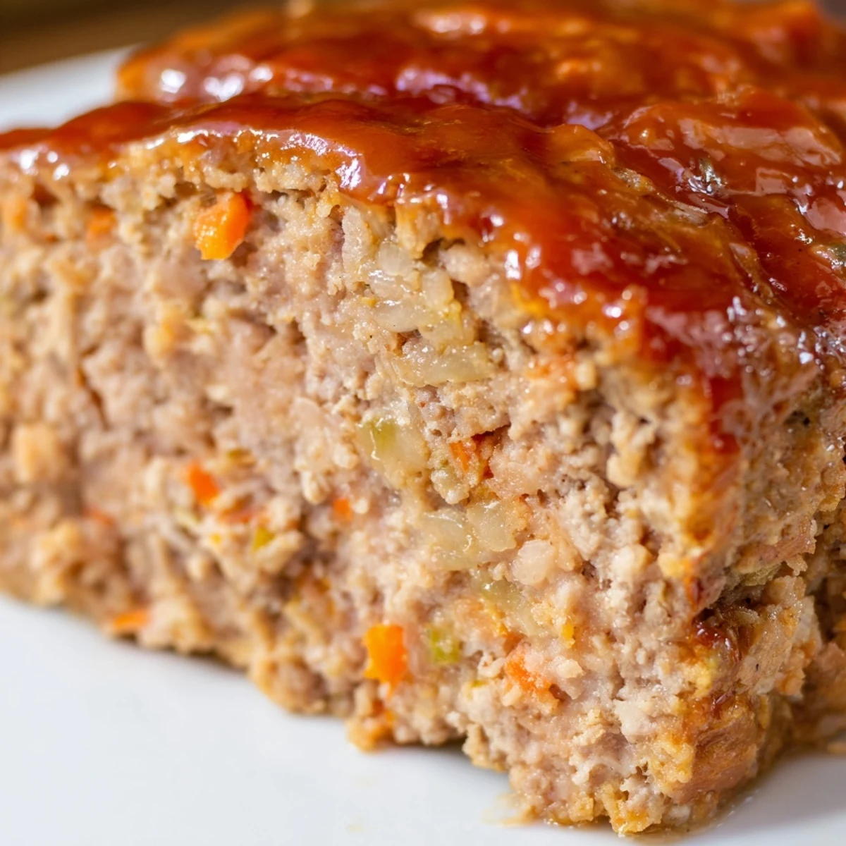 Golden-brown turkey meatloaf with a sticky brown sugar glaze, served on a white plate with green beans and mashed potatoes.