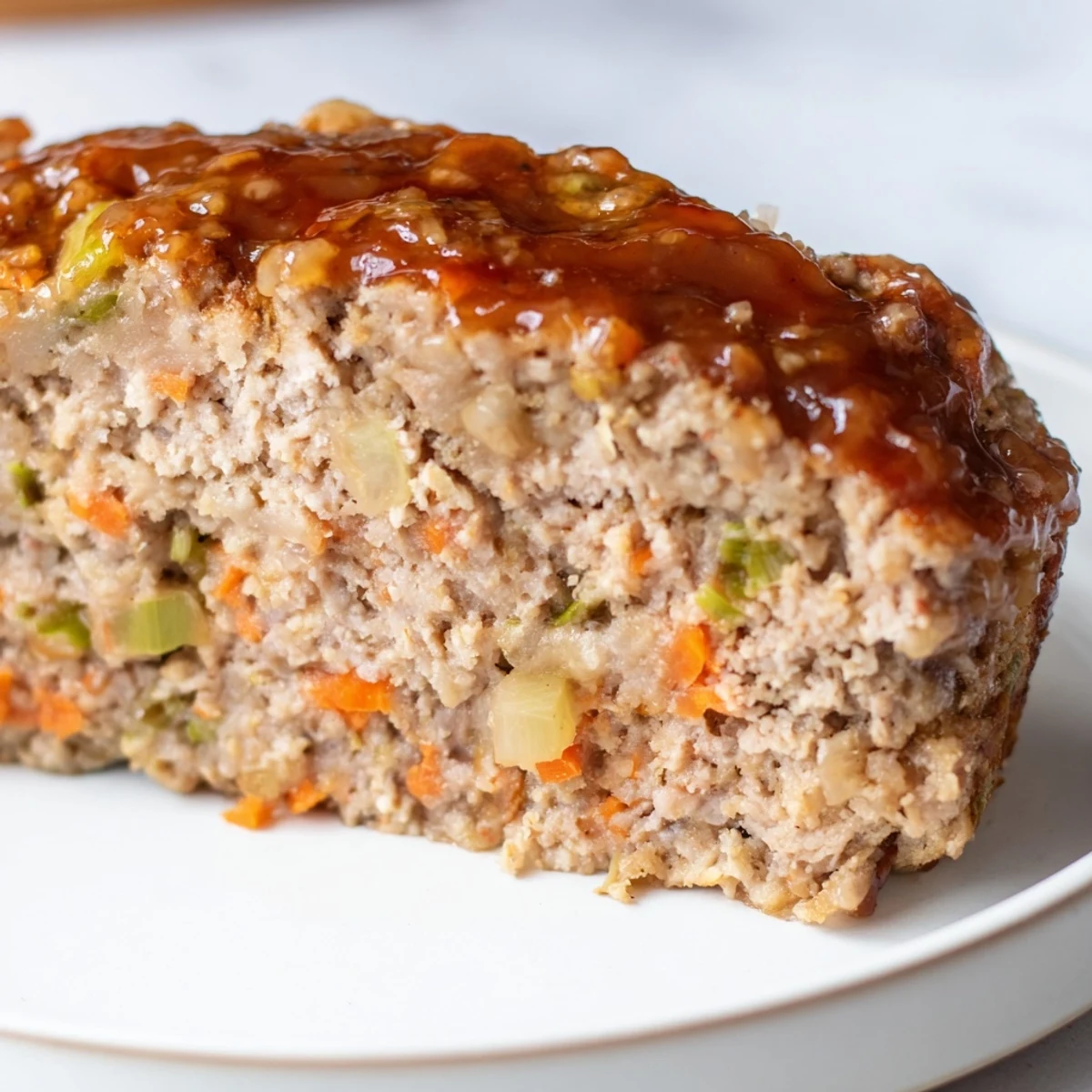 Freshly baked turkey meatloaf with a glossy brown sugar glaze, sliced to reveal moist, flavorful interior with herbs and vegetables.