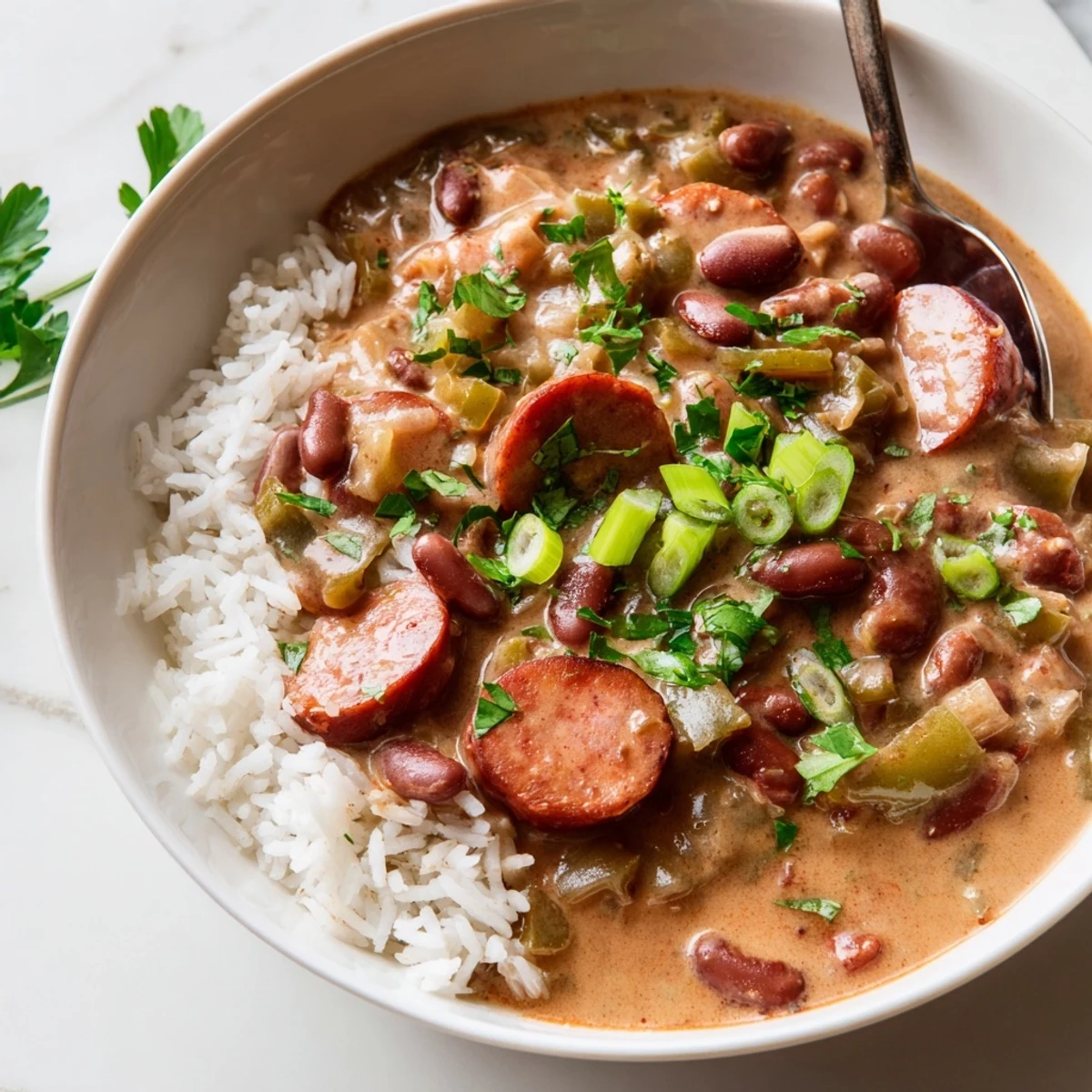 Bowl of homemade Creole Red Beans and Rice served over steamed long-grain rice, with a dash of hot sauce and colorful bell peppers.