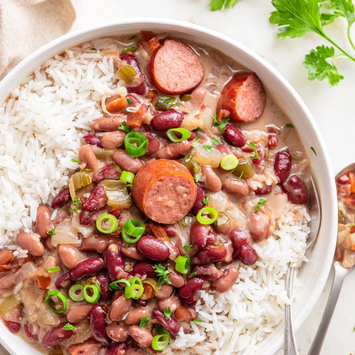 A close-up of Creole Red Beans and Rice showing creamy beans, smoked sausage slices, and fluffy rice, garnished with fresh parsley and green onions.