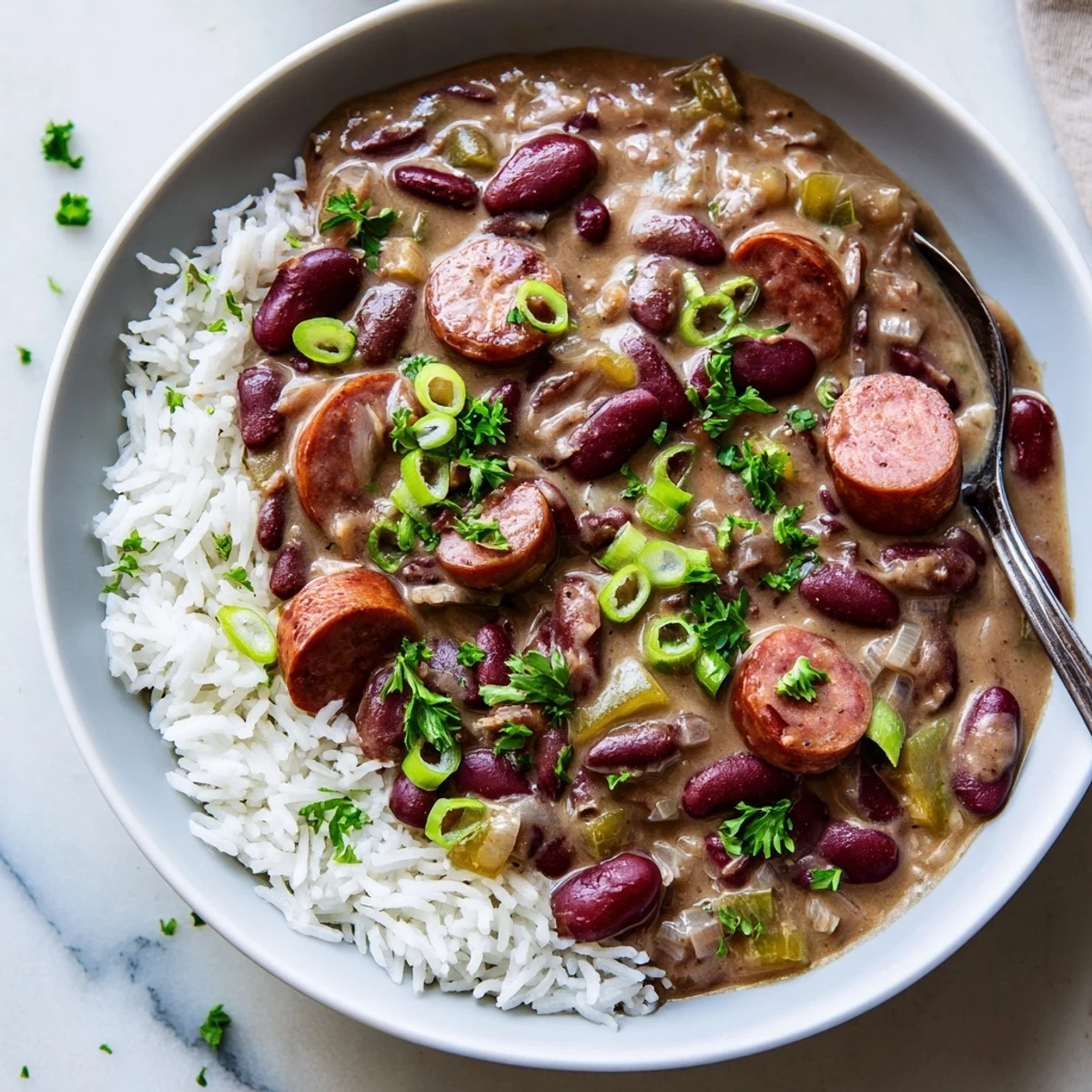Southern-style Creole Red Beans and Rice simmering in a Dutch oven, featuring tender beans, halal sausage, and aromatic Creole spices.