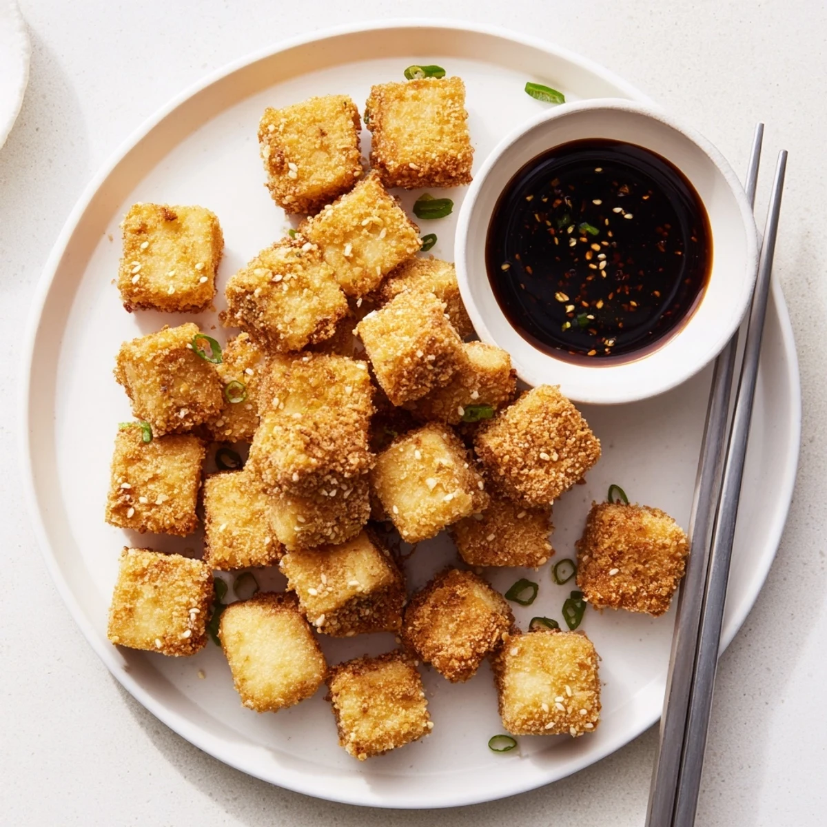 Golden-brown Crispy Tofu Bites arranged on a platter with a small bowl of tangy dipping sauce, garnished with sesame seeds and scallions.  