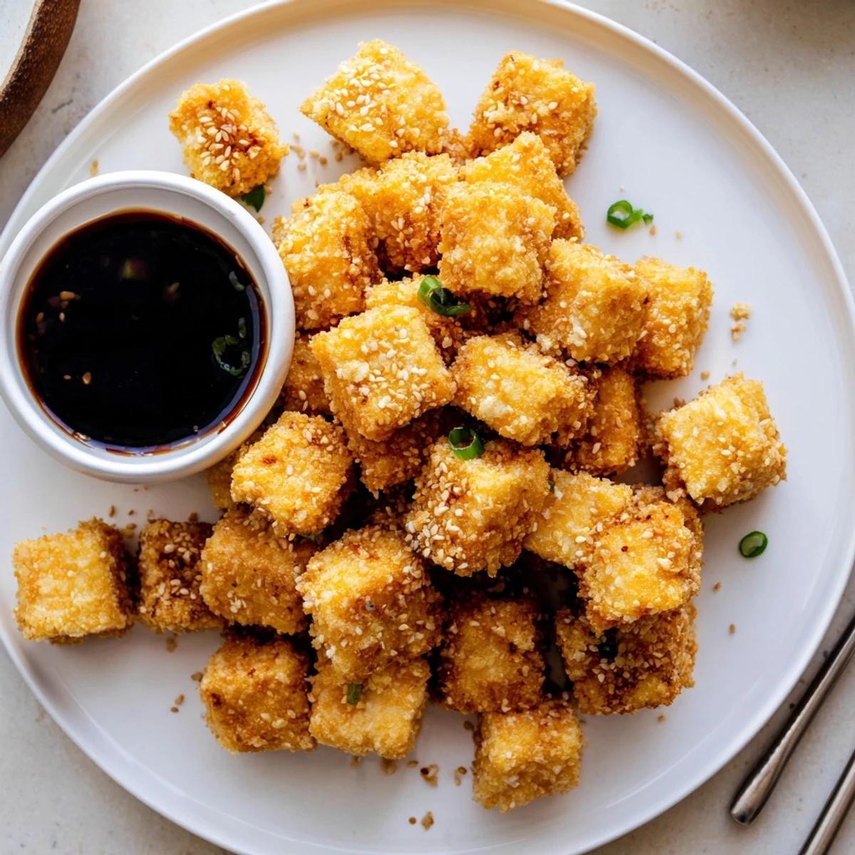 Close-up of Crispy Tofu Bites showing the crunchy coating and tender interior, served alongside a savory dipping sauce drizzle.  