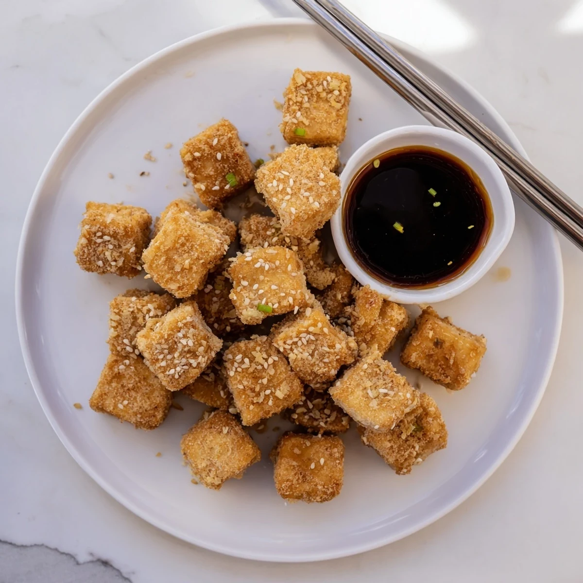A vibrant serving suggestion for Crispy Tofu Bites with dipping sauce, perfect for an appetizer or light snack.