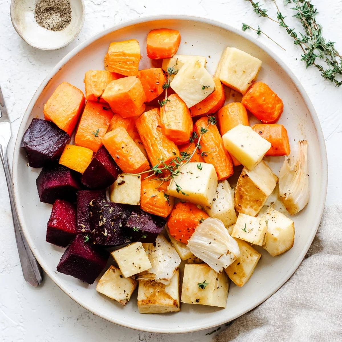 A close-up of roasted roots with thyme, featuring golden carrots, parsnips, and beets glistening with olive oil and fresh herbs.