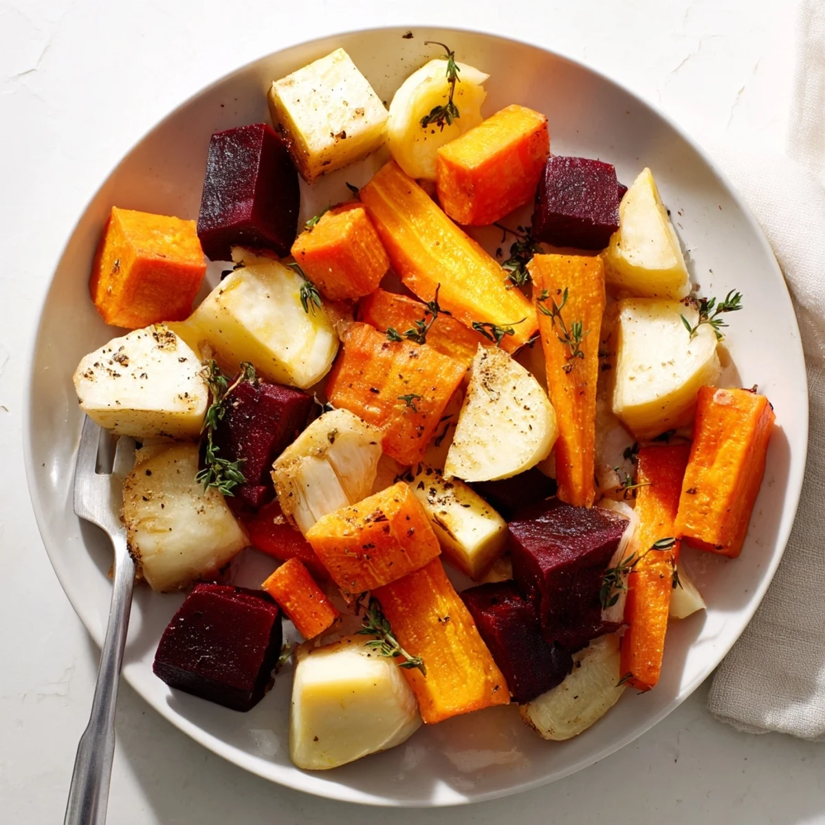 A rustic baking sheet displays a hearty medley of roasted roots with thyme, served alongside a grilled chicken for a complete meal.