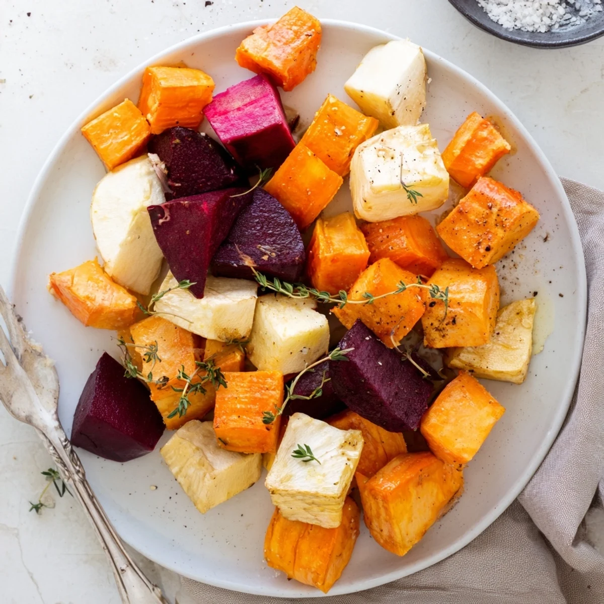 Golden-brown roasted roots with thyme are piled high on a platter, the caramelized edges and fresh thyme sprigs adding rustic appeal.