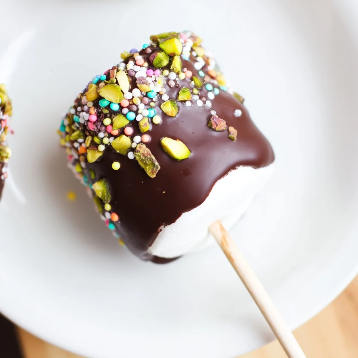 Chocolate marshmallows on a stick arranged on parchment, showing rich cocoa coating and festive toppings for a party platter.