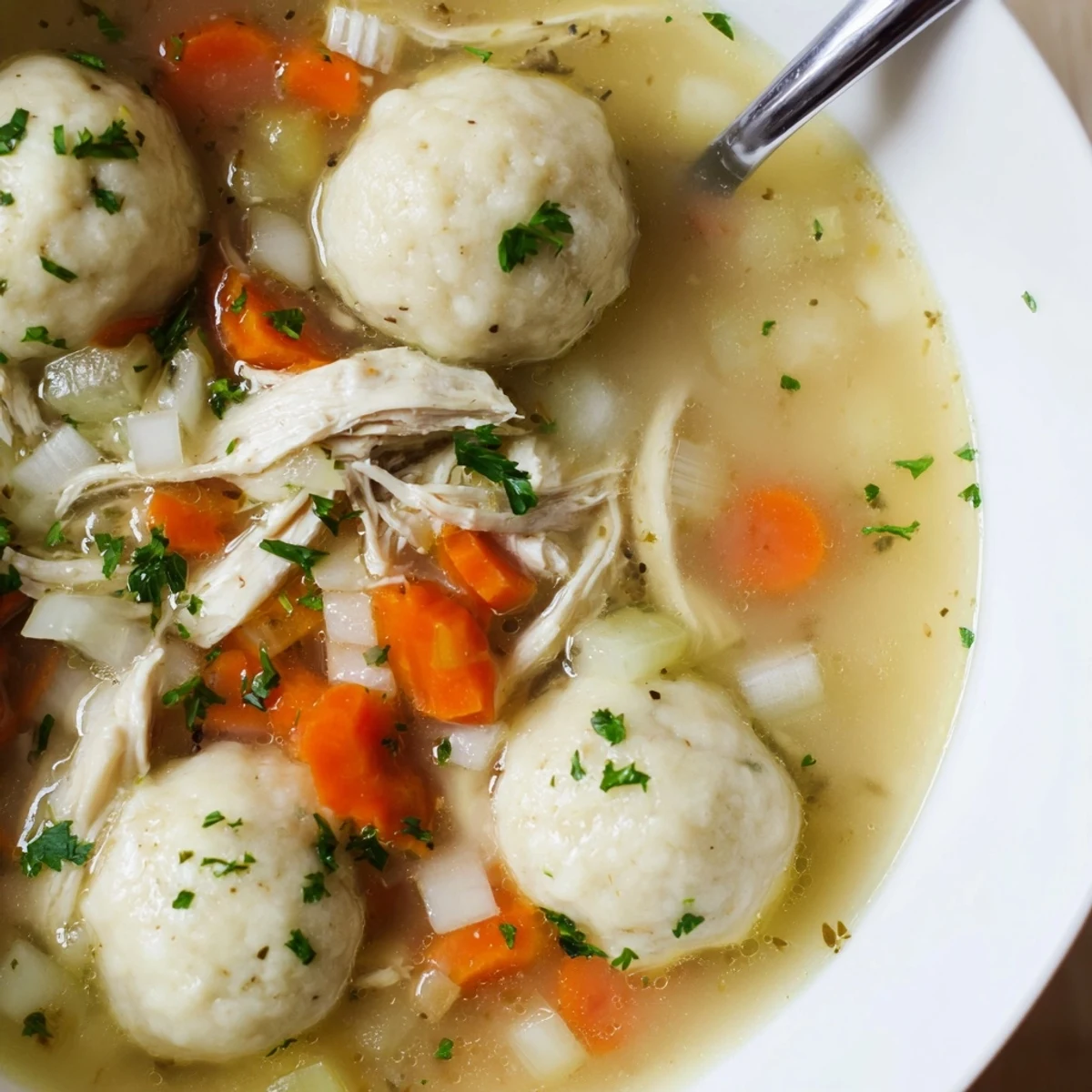 A bowl of hearty chicken soup with fluffy dumplings, featuring tender vegetables and shredded chicken in a savory broth.