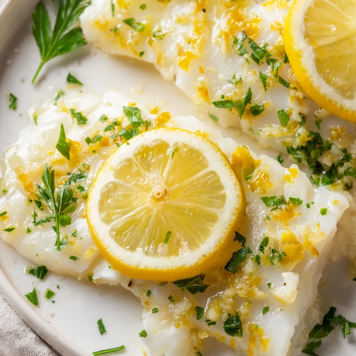 Tender flaky cod topped with zesty lemon and butter sauce, baked to perfection for a quick dinner.  