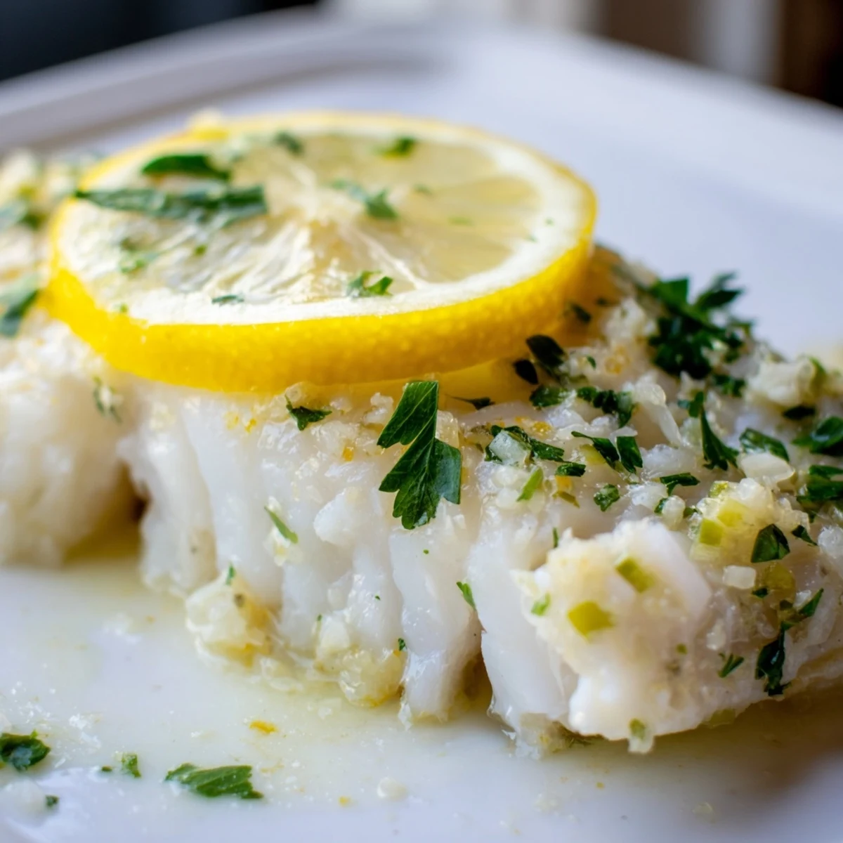Golden-brown baked cod fillets glistening with melted butter and fresh lemon slices, garnished with chopped parsley.  