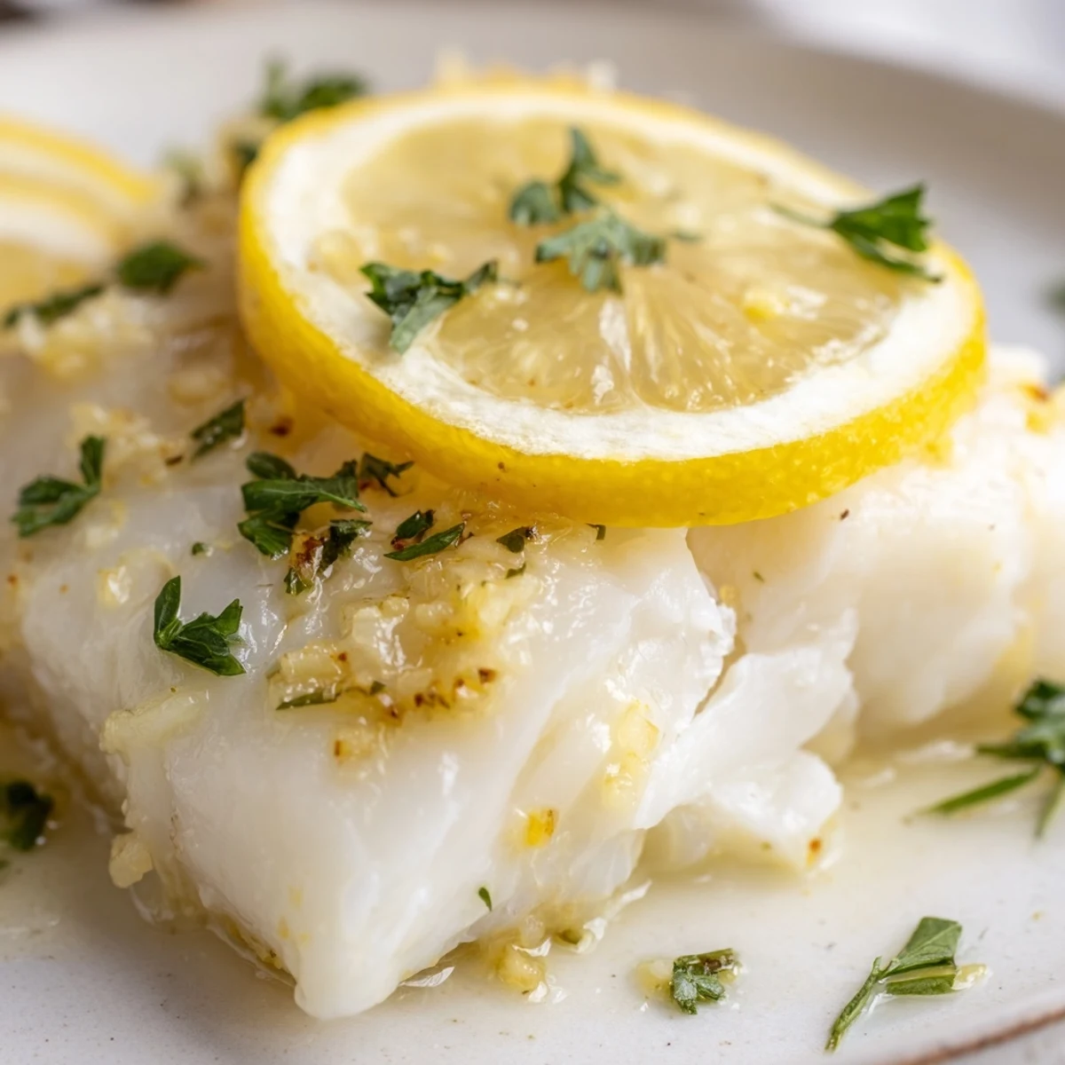 Freshly baked Baked Cod with Lemon and Butter on a plate, served with steamed vegetables and lemon wedges.