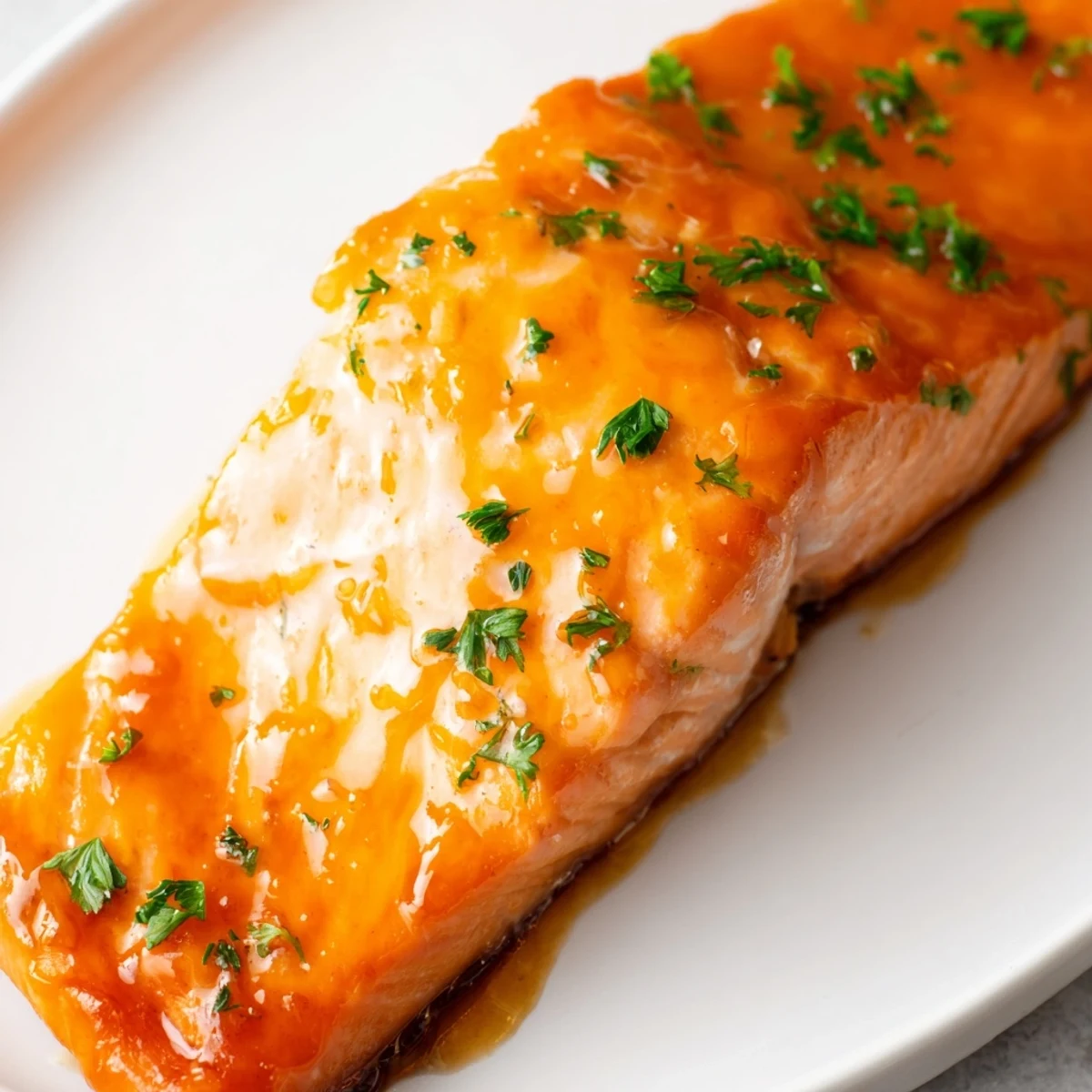 Glistening baked salmon fillets with a bright orange glaze, served alongside fluffy white rice and steamed green beans.