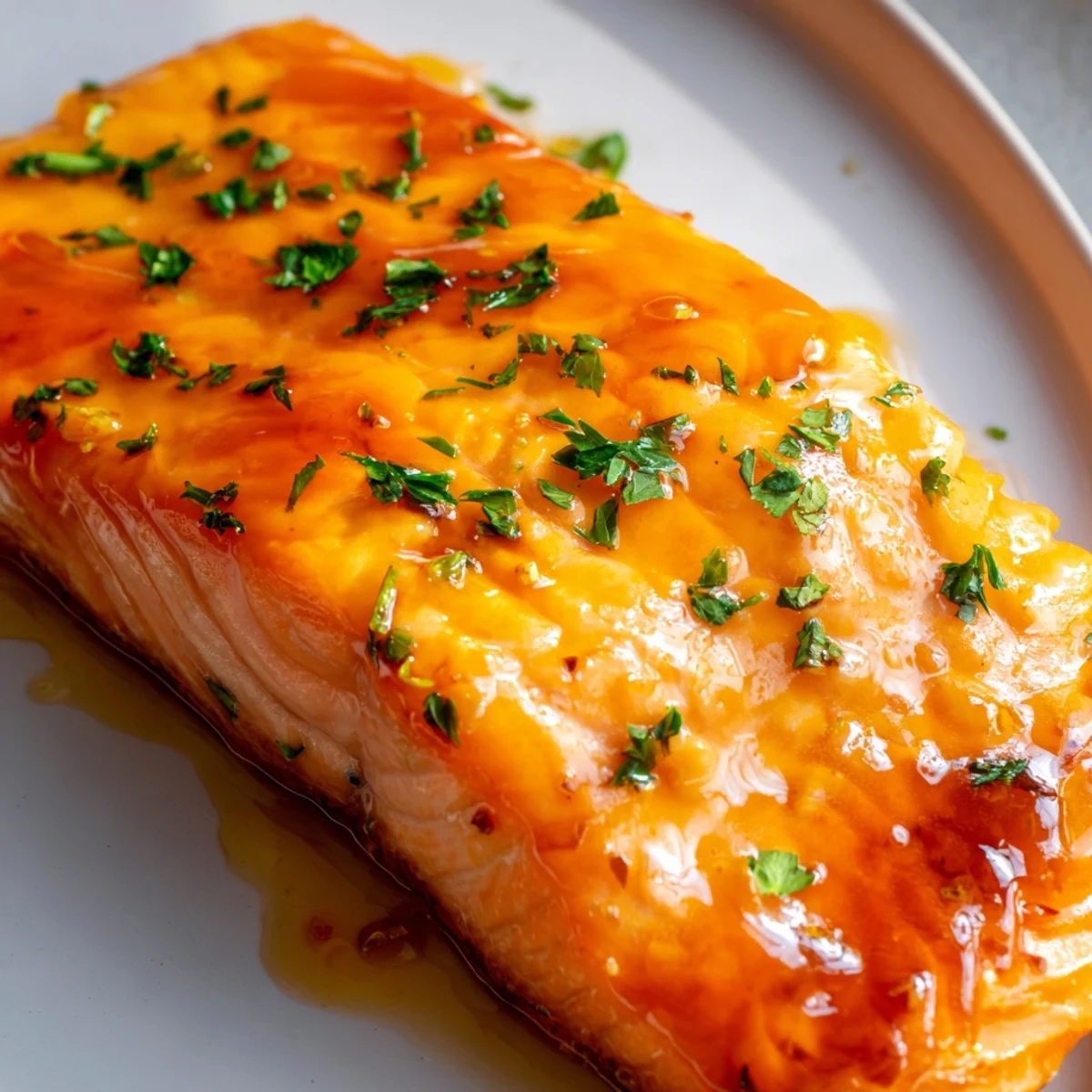 Perfectly flaky Baked Salmon with Orange Glaze, baked to tender perfection and garnished with fresh parsley.