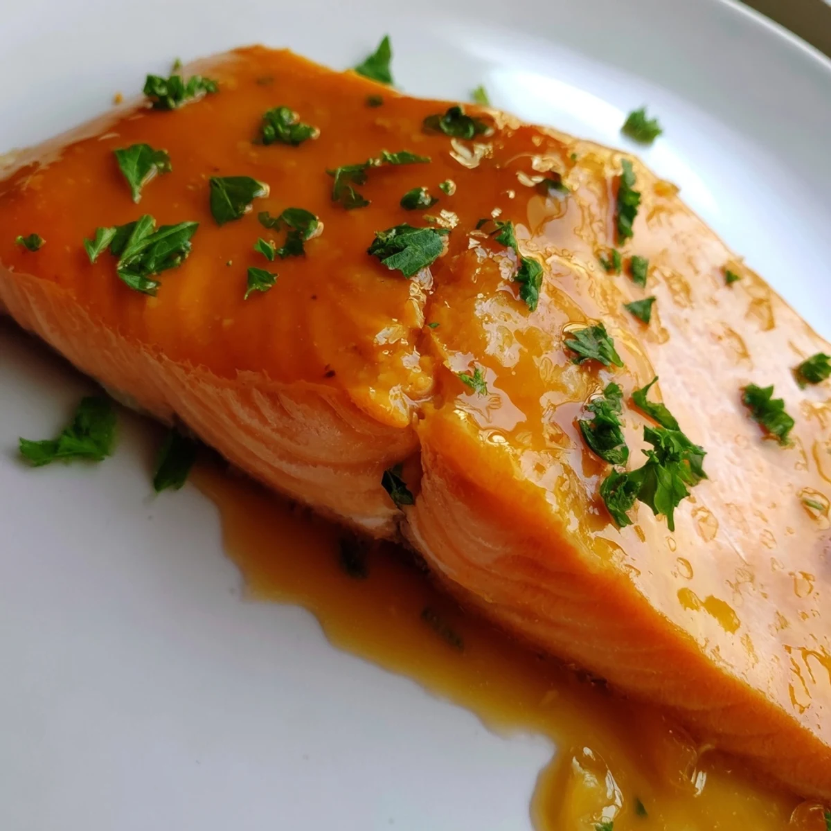 A close-up of Baked Salmon with Orange Glaze, highlighting the sticky, tangy sauce on the golden-brown fish.