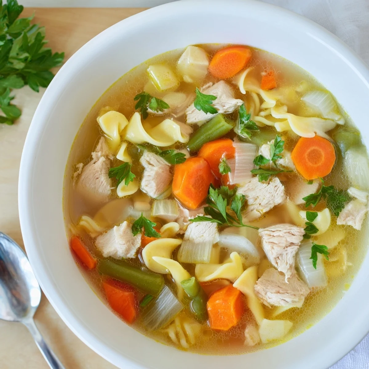 A close-up of Chicken Vegetable Soup with Noodles, featuring tender chicken pieces and colorful vegetables in a steamy broth, topped with fresh parsley.