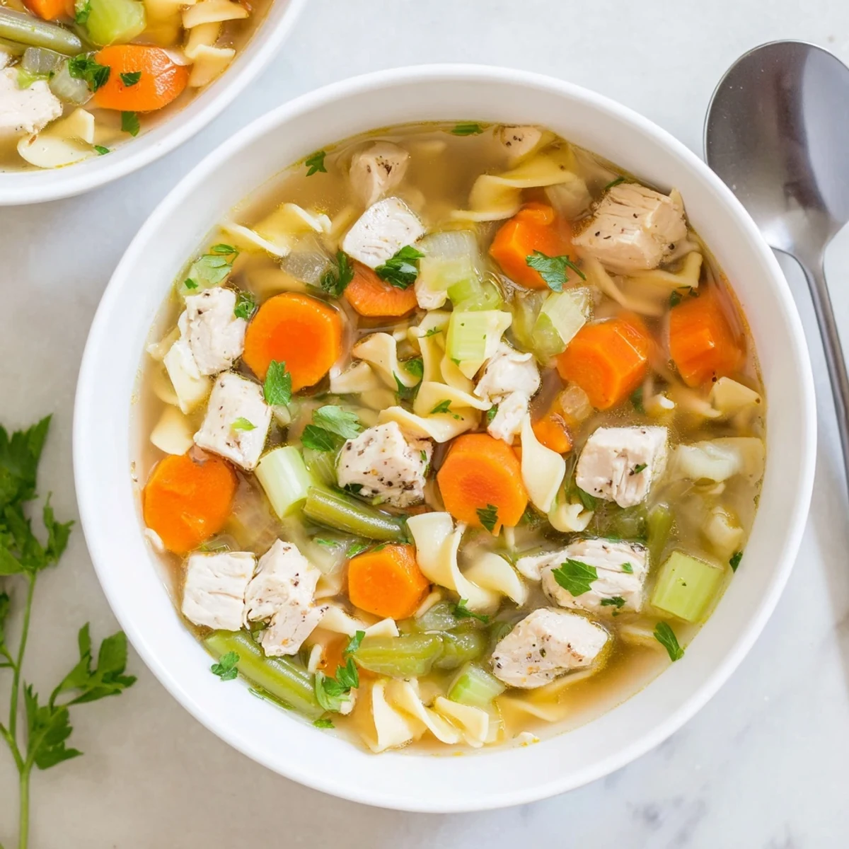 Steam rises from a bowl of Chicken Vegetable Soup with Noodles, showcasing hearty egg noodles, bright carrots, celery, and green beans in a savory broth.