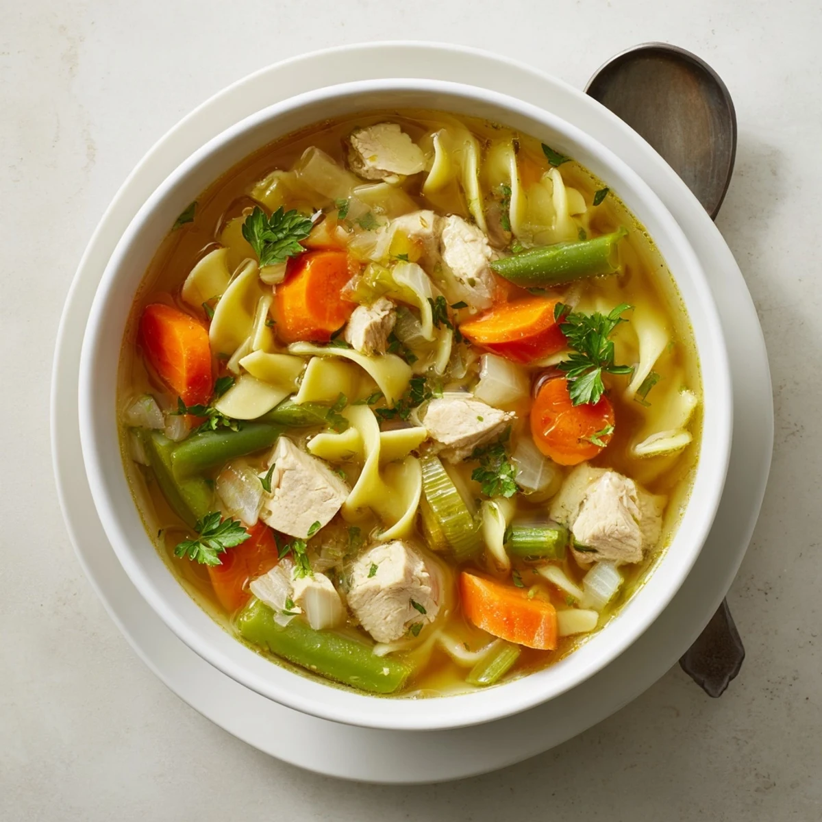 A rustic pot of Chicken Vegetable Soup with Noodles is ladled into a serving bowl, revealing a rich broth filled with chicken and vibrant garden vegetables.