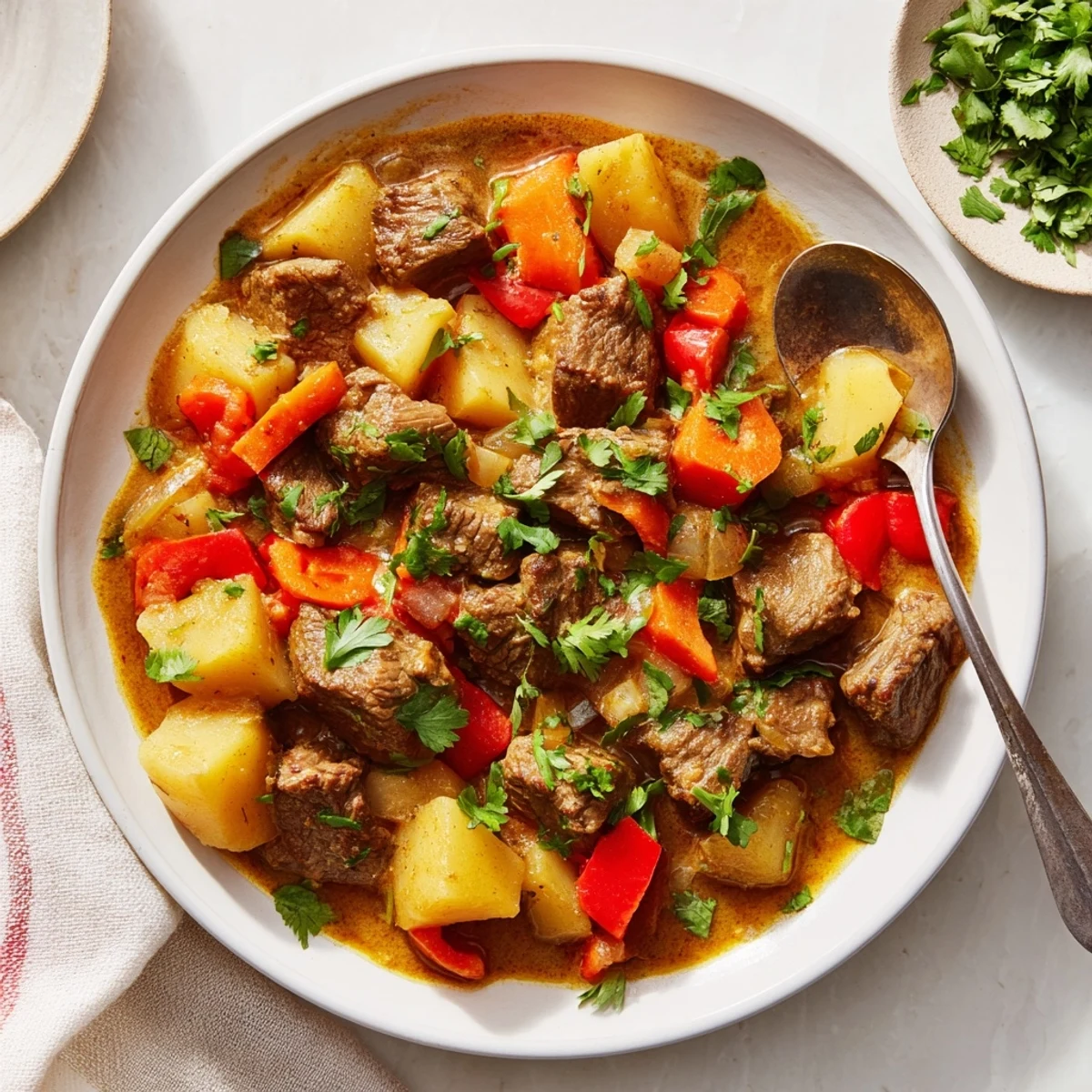 A close-up of Slow Cooker Beef Curry showing tender beef cubes, carrots, and potato in a rich, spiced sauce, garnished with fresh cilantro.  