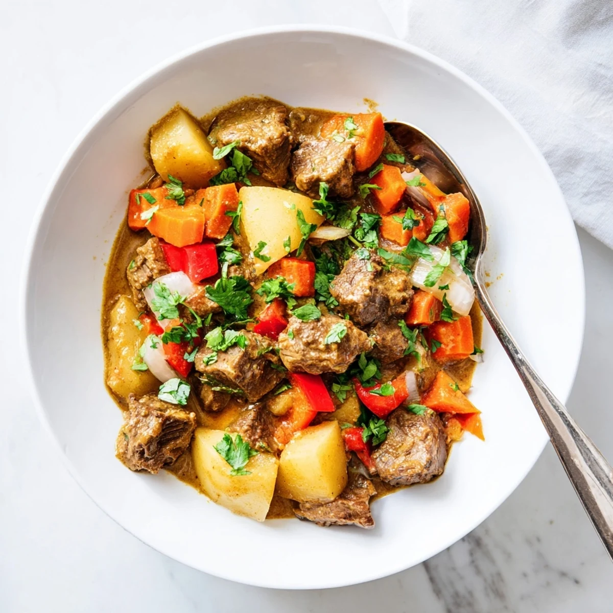 A hearty bowl of Slow Cooker Beef Curry with vibrant red bell peppers and cilantro, ready for a cozy gluten-free dinner.