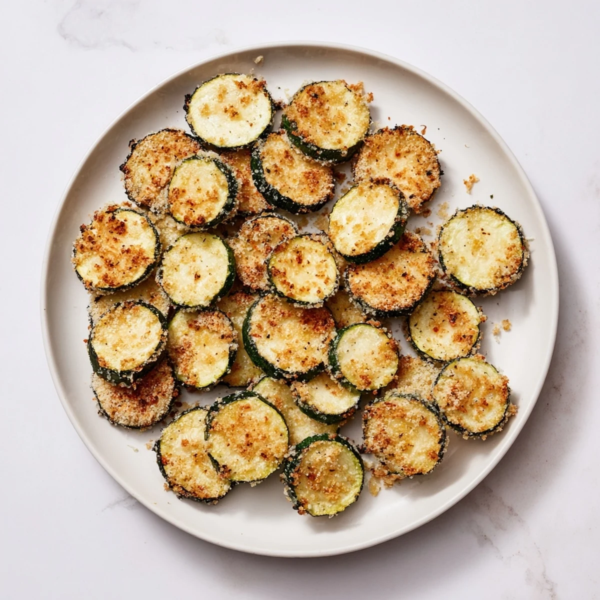 Perfectly golden Crispy Air Fryer Zucchini Chips with a crunchy almond flour coating, served on a wooden platter.  