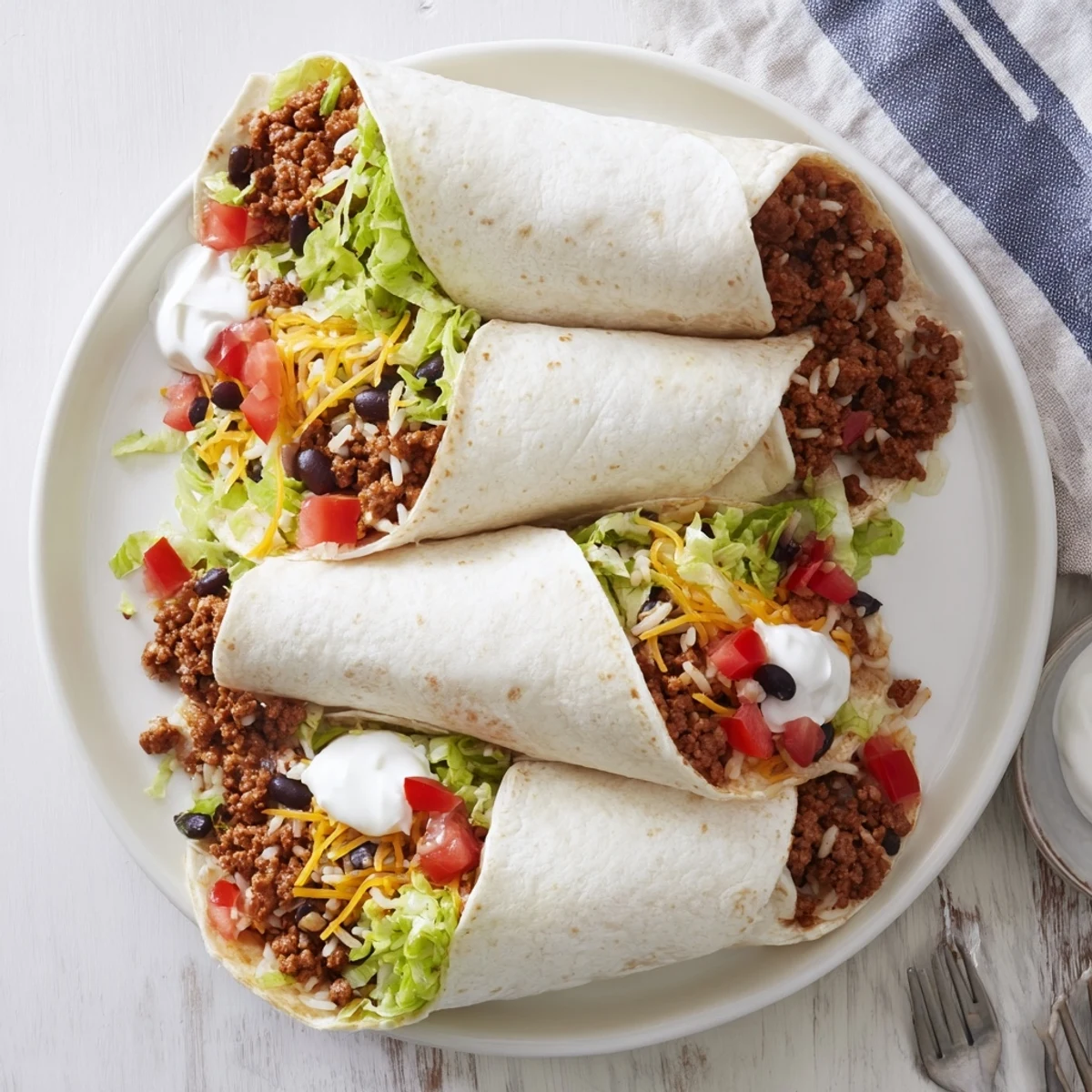 Tasty Beef Burritos with Rice and Beans stacked on a plate, garnished with fresh lettuce, diced tomatoes, and a dollop of sour cream.
