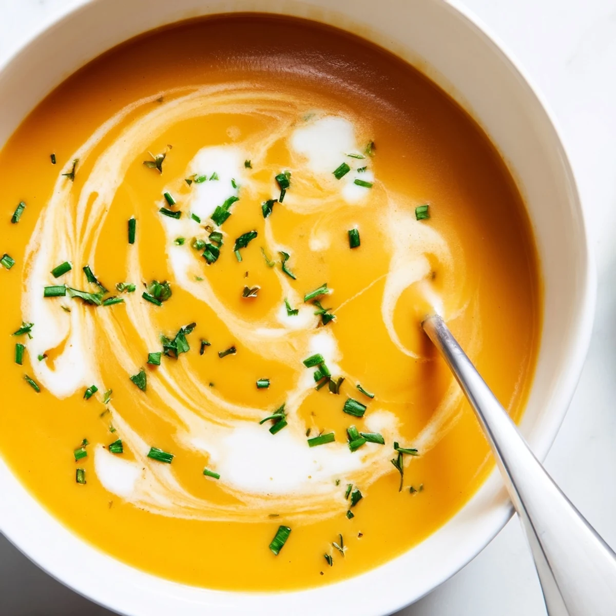 Bright orange Roasted Butternut Squash Soup in a white bowl, topped with fresh green chives and a swirl of cream.