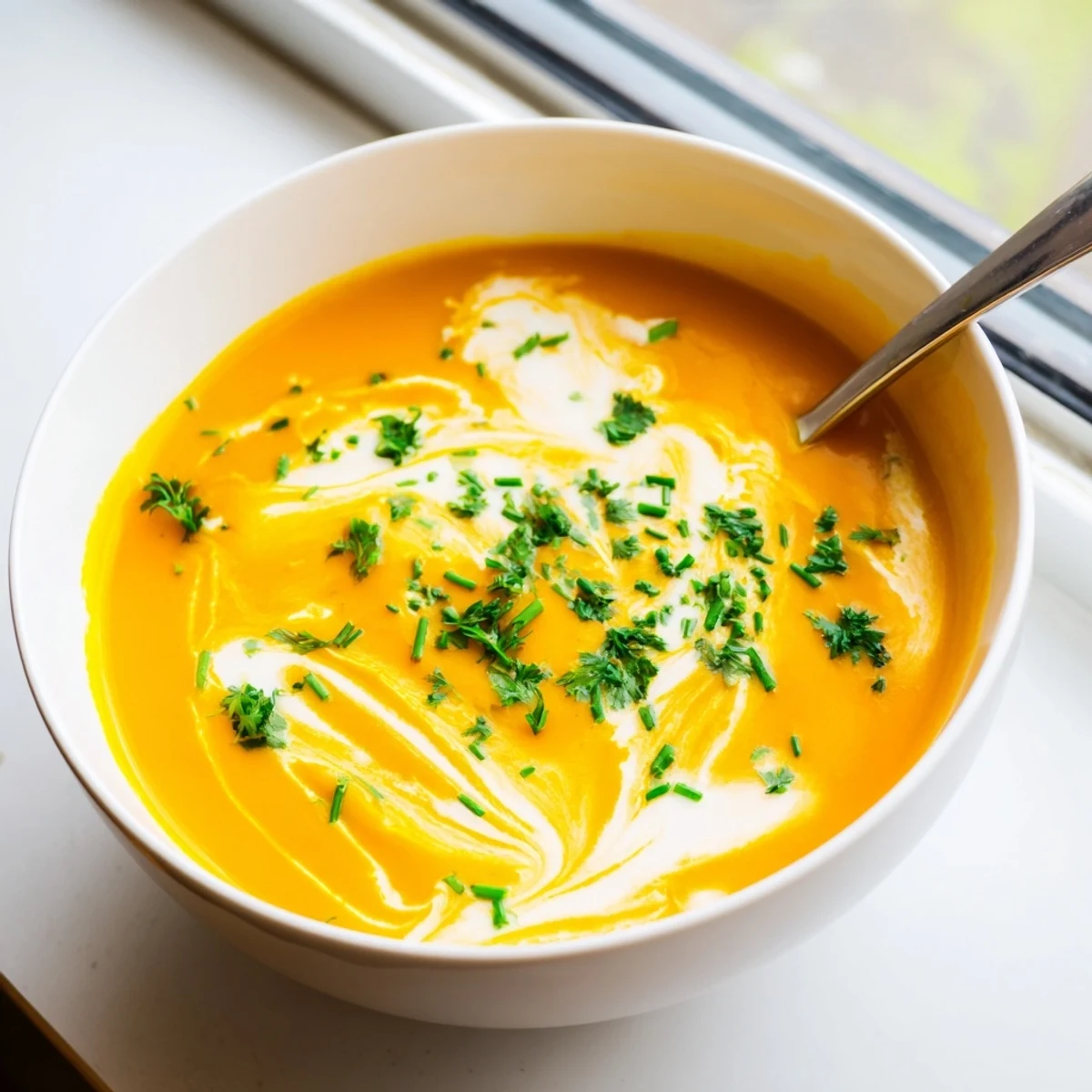 A ladle of golden Roasted Butternut Squash Soup rests next to a slice of crusty artisan bread on a rustic table.