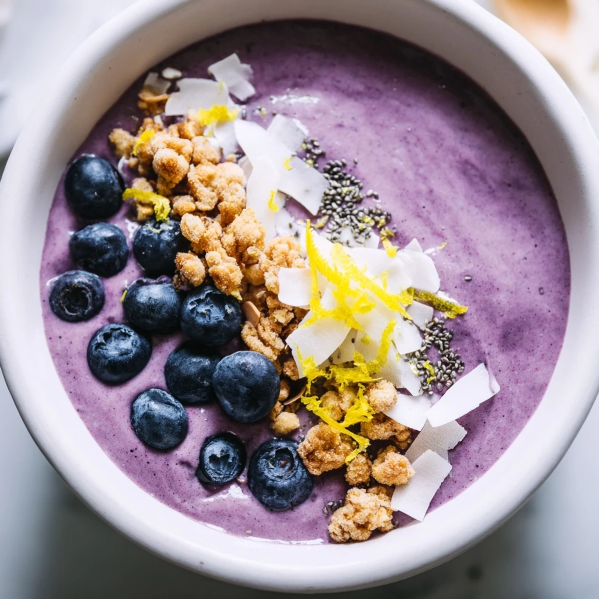A vibrant Lemon Blueberry Smoothie Bowl topped with fresh berries, granola, and chia seeds in a white bowl.  