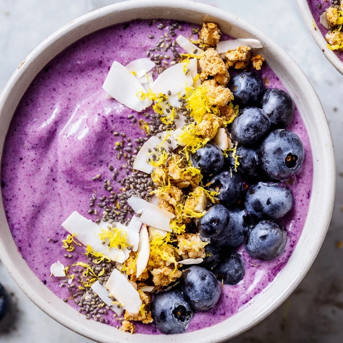 A healthy breakfast bowl of Lemon Blueberry Smoothie with crunchy granola and fresh blueberries in morning light.