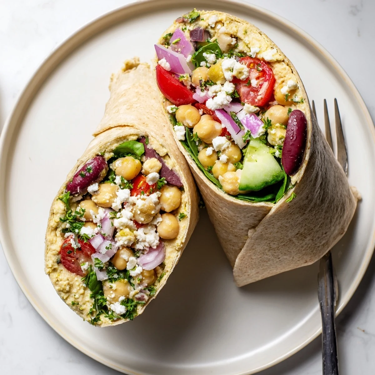A vibrant Mediterranean Chickpea Wrap filled with creamy hummus, chickpeas, cucumbers, and Kalamata olives on a plate.