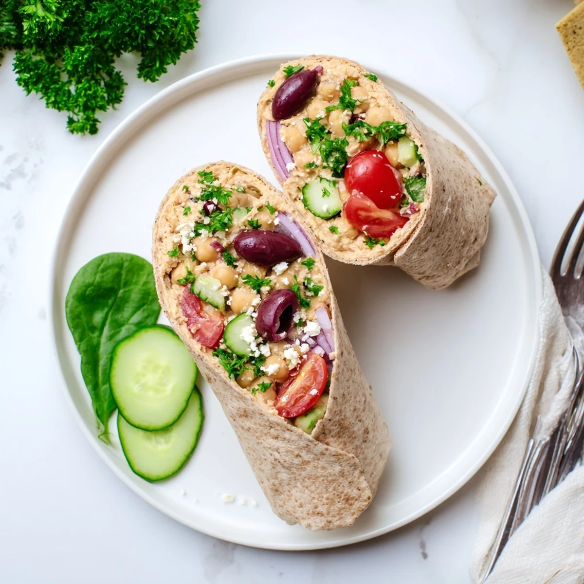 Close-up of a sliced Mediterranean Chickpea Wrap revealing chunky chickpea salad and colorful fresh vegetable fillings.