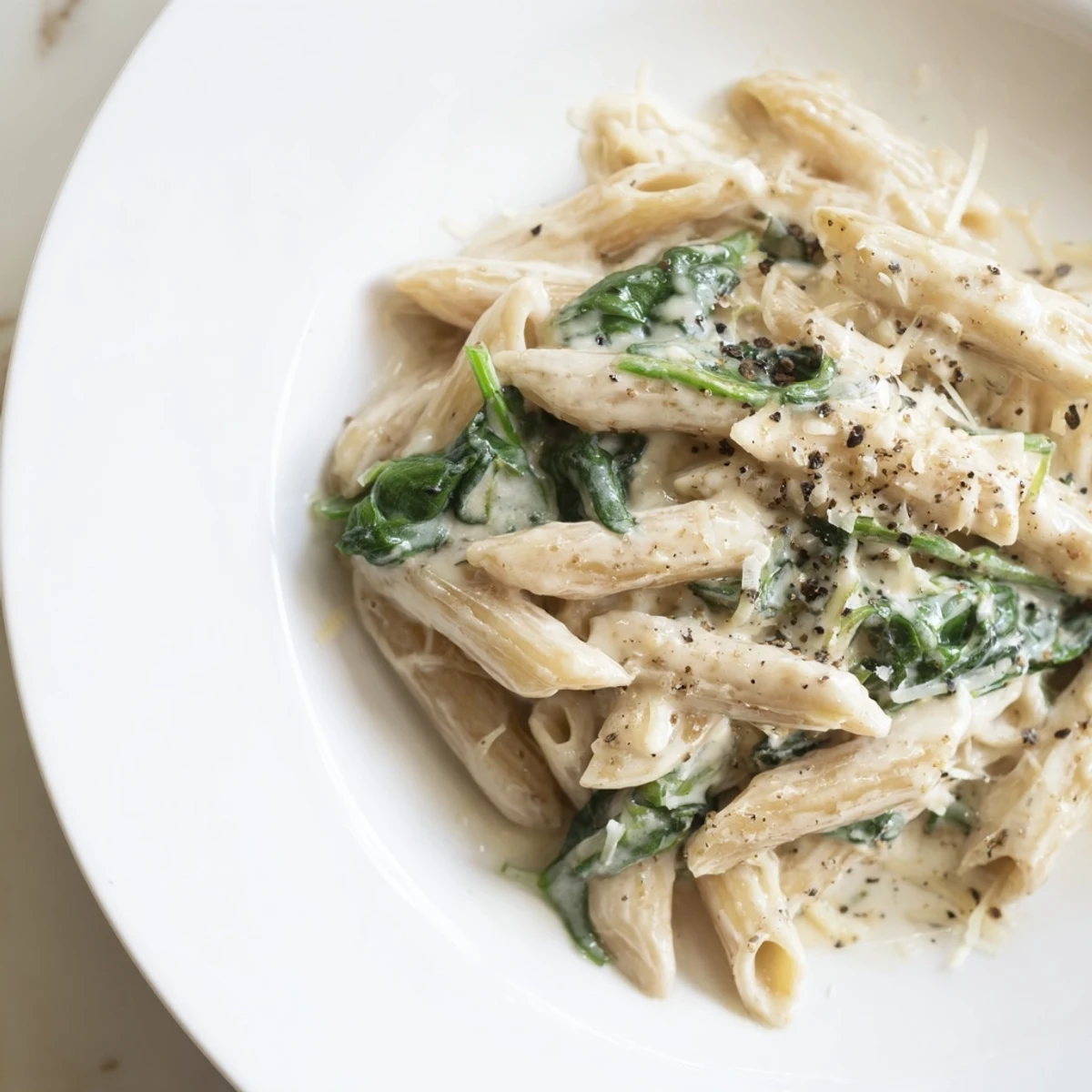 A warm bowl of Creamy Spinach Pasta with Garlic, topped with extra Parmesan and fresh black pepper for dinner.