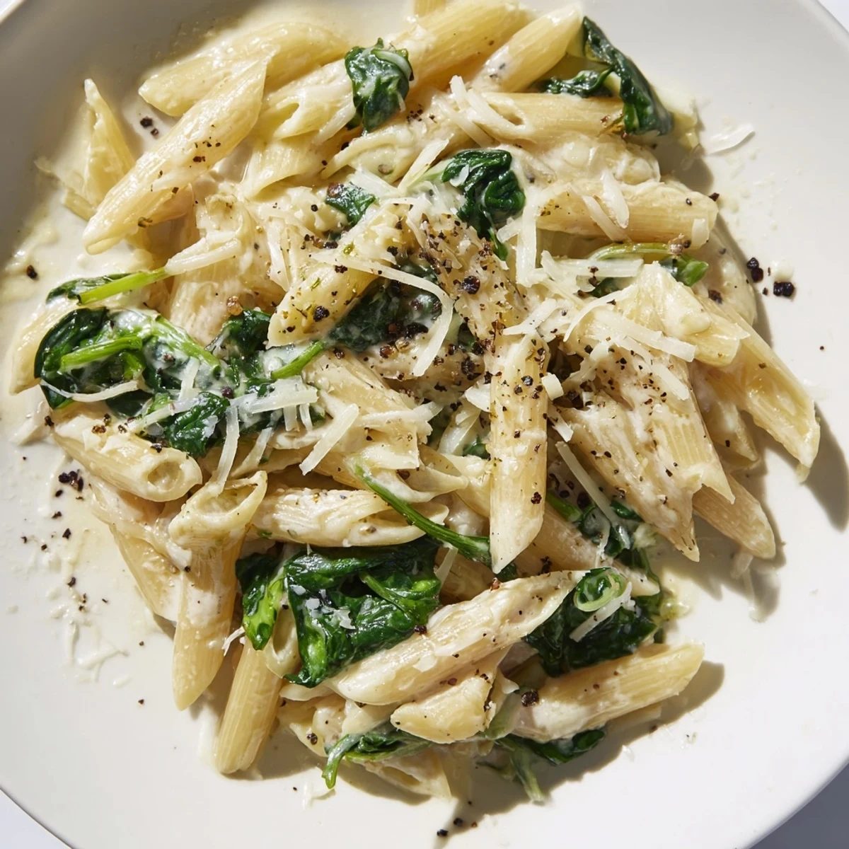 Tossing fettuccine with fresh spinach in a rich garlic cream sauce for a quick Creamy Spinach Pasta with Garlic.