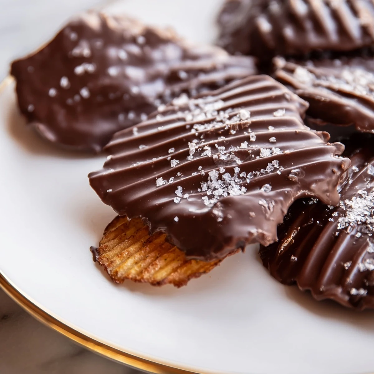 Crispy ridged potato chips half-dipped in glossy semi-sweet chocolate, a perfect sweet-salty party snack.