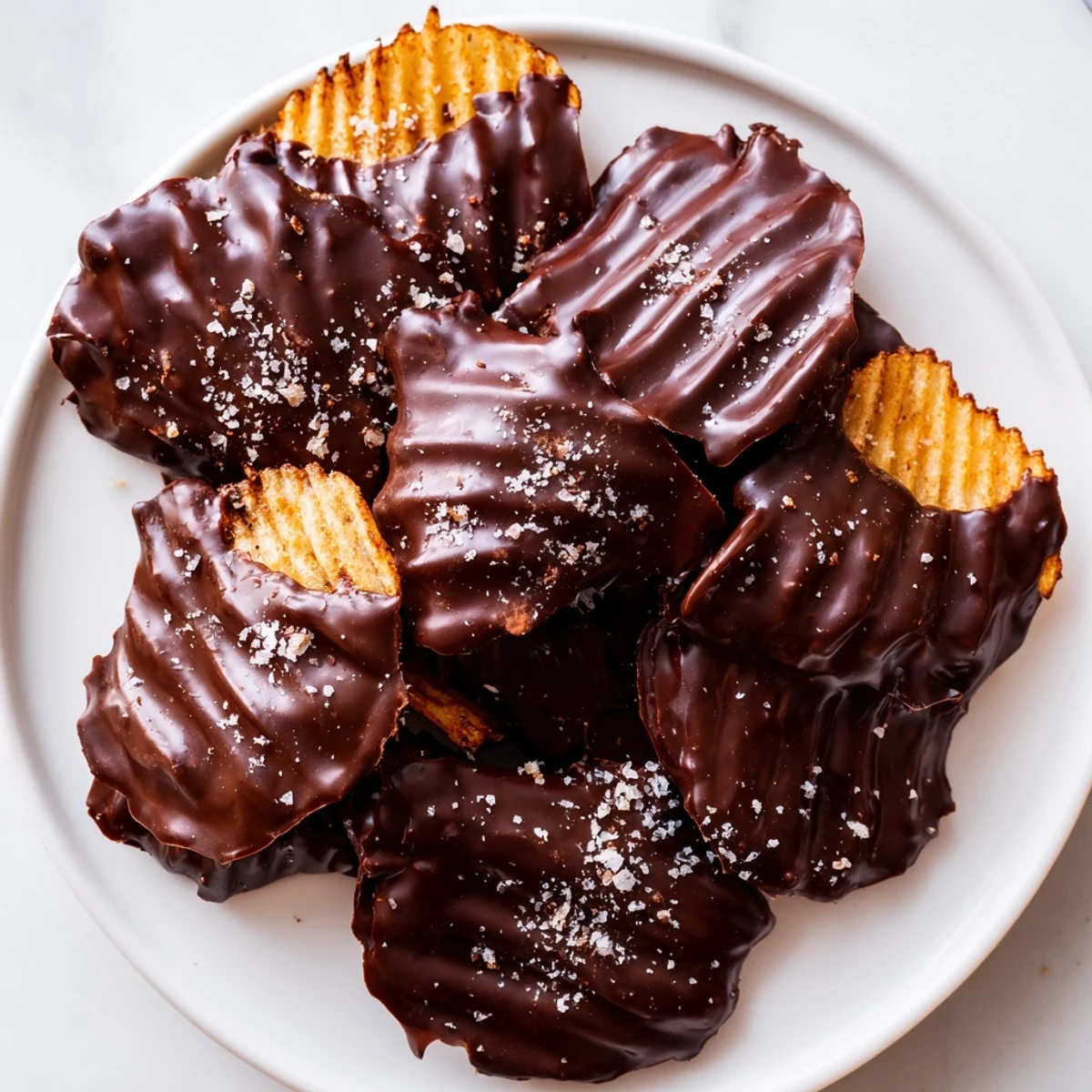 Chocolate Covered Potato Chips are arranged on parchment with sea salt flakes for a festive touch.