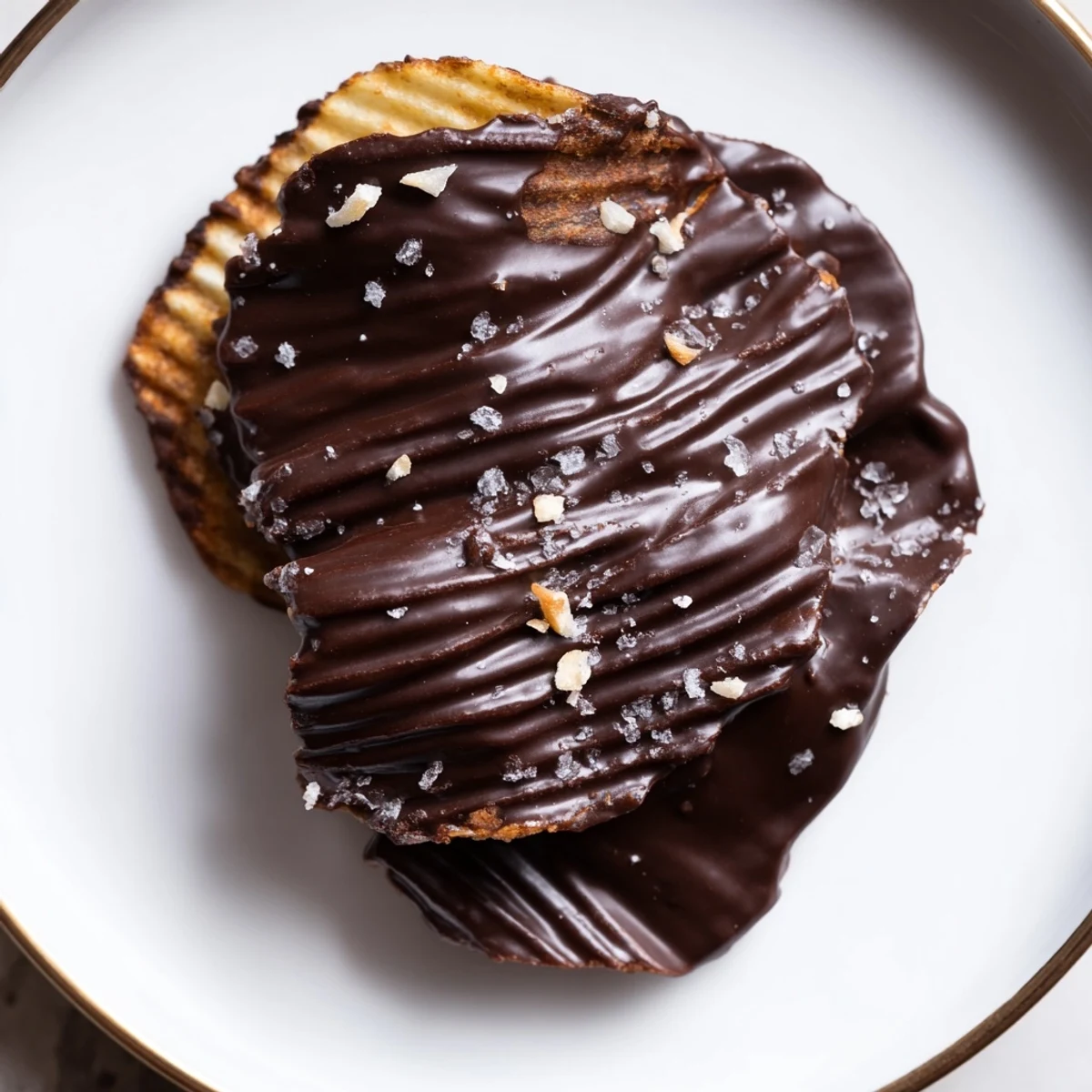 Homemade Chocolate Covered Potato Chips on a platter, ready to serve or gift after a quick chill.